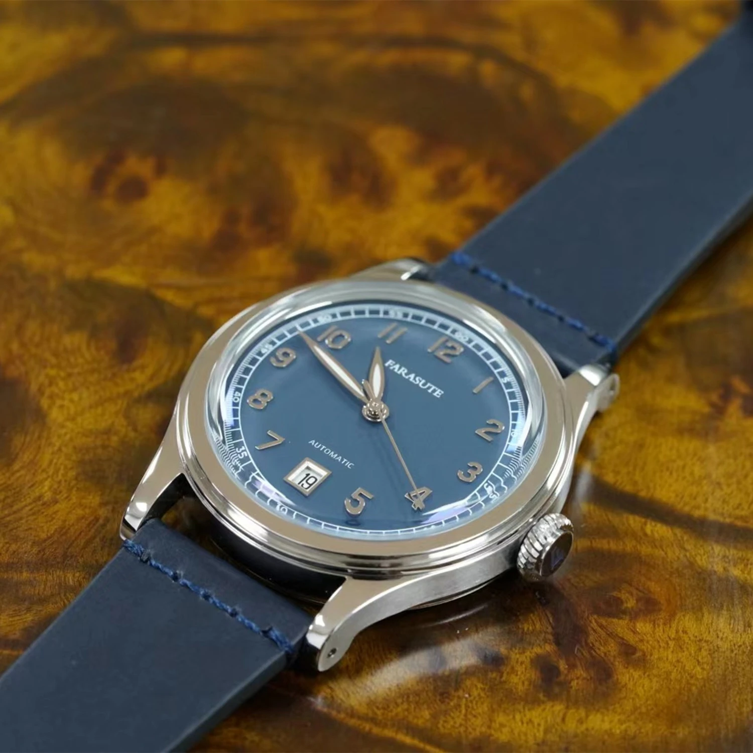 FARASUTE Men Automatic Watch 38mm Luxury Mens Watches Mechanical Wristwatch Arched Curved Mirror Leather Strap Date 821A Retro