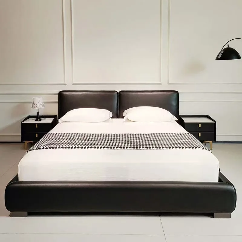 

Tofu cubes minimalist large black cow bed Italian leather master bedroom soft bag wedding bed high-end atmosphere modern