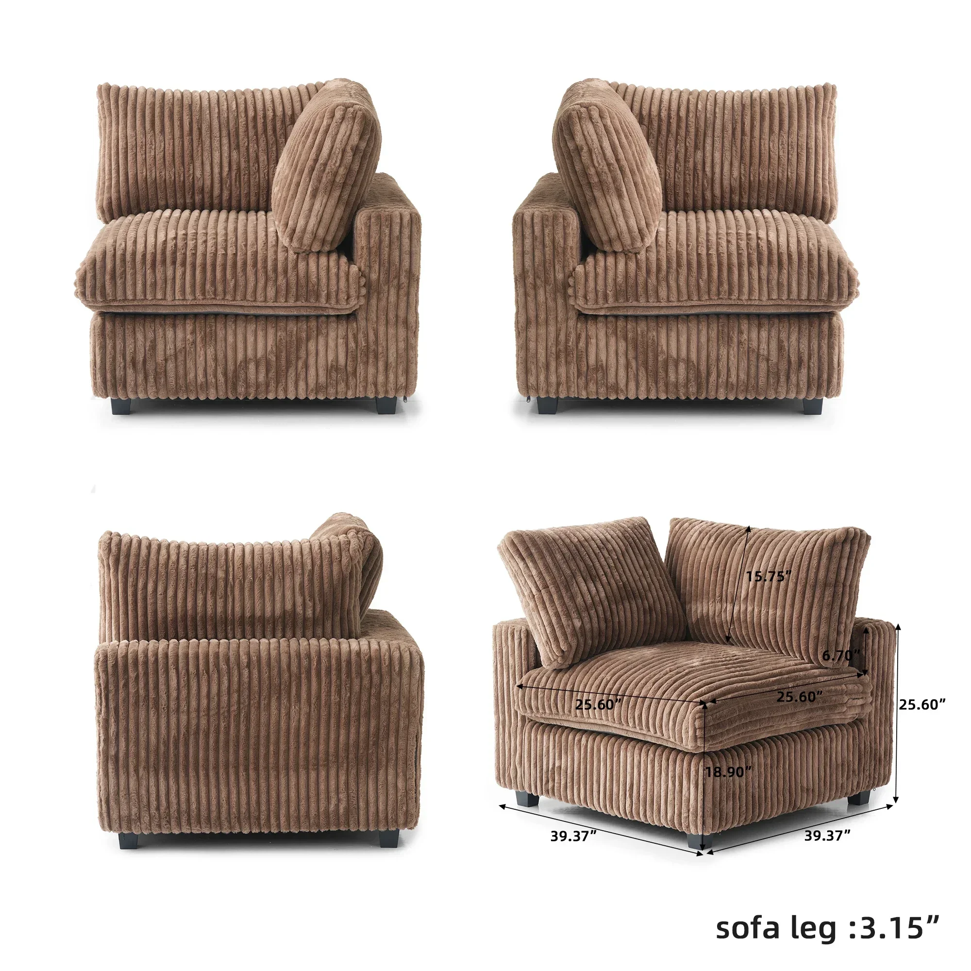 

Clearance Vintage Modern Brown Modular Segmented 3 Seat Sofa Thick Striped Plush Corduroy Fabric Living Room Sofa Set