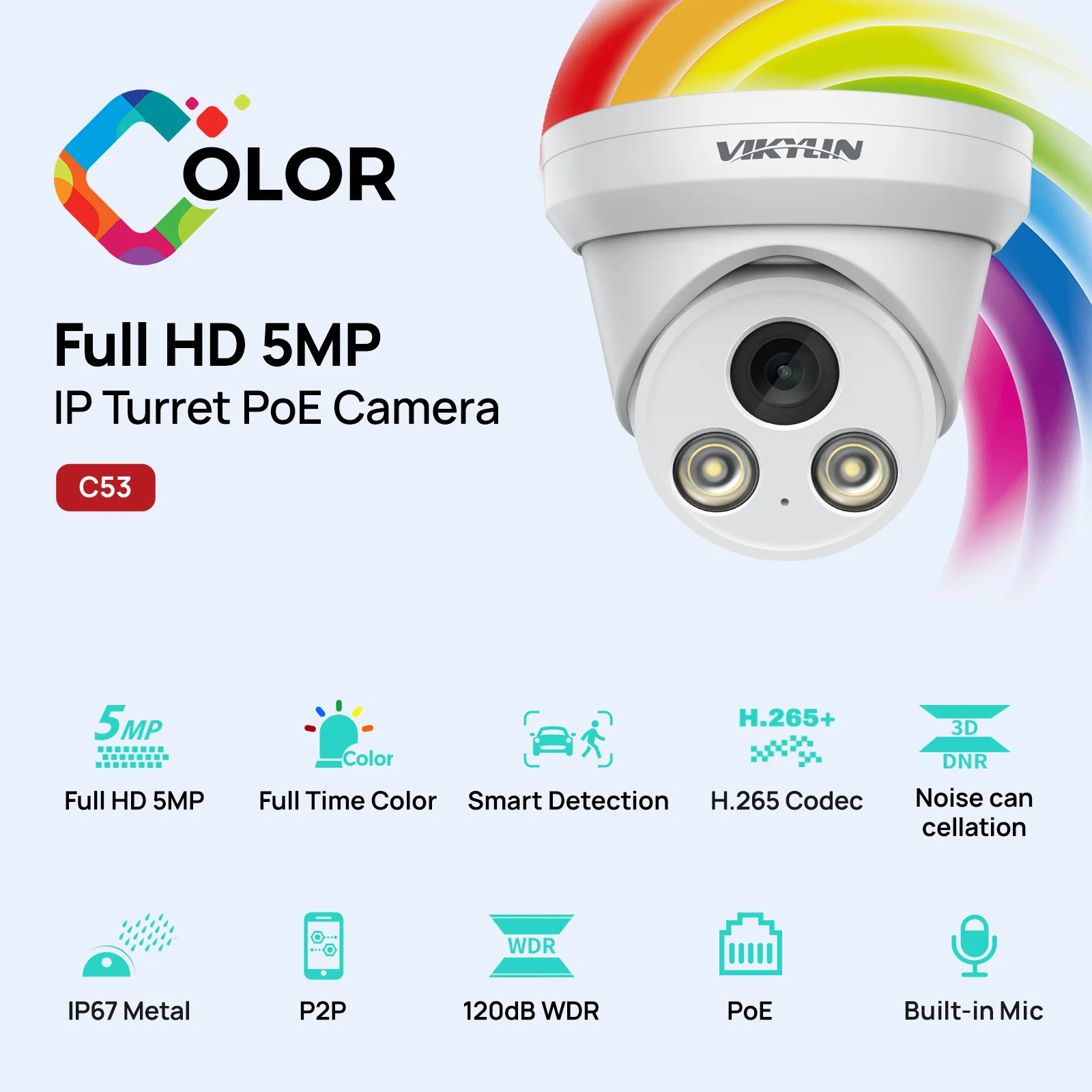 VIKYLIN 5MP Full Color IP Camera Outdoor POE H.265 Onvif Wide Angle 2.8mm AI Humanoid Detection Home CCTV Surveillance Camera