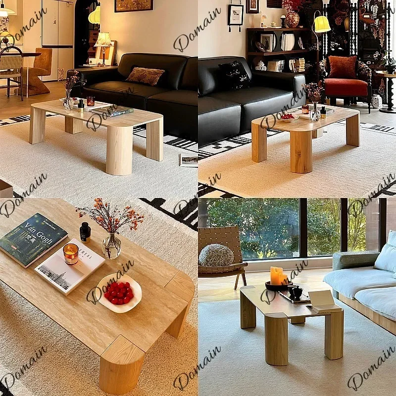 A81 Nordic Travertine Sintered Stone Coffee Table Solid Wood Square Small Space Luxury Living Room
