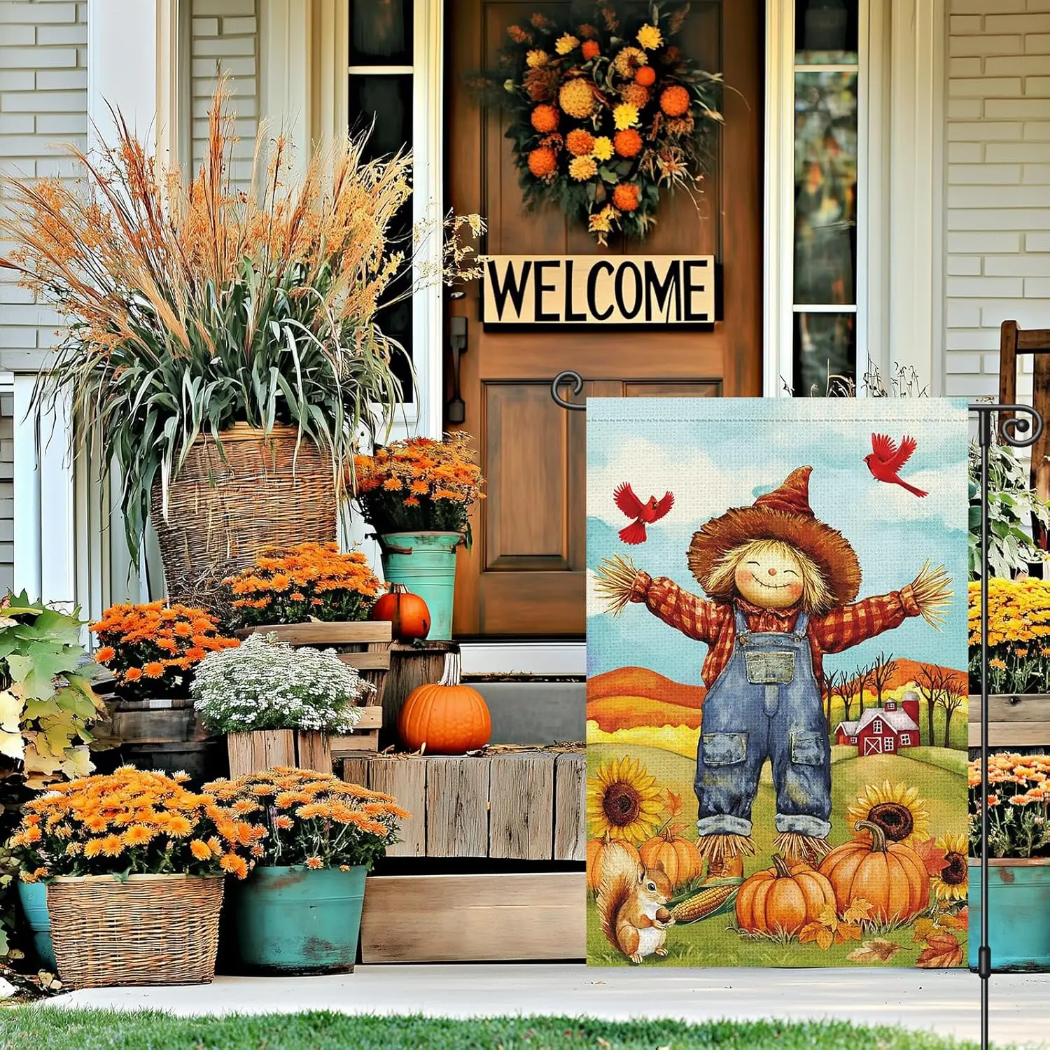 Louise Maelys Fall Garden Flag Scarecrow Pumpkin Cardinal Squirrel 12x18 Inch Double Sided Sunflower Floral Field Seasonal A hhz
