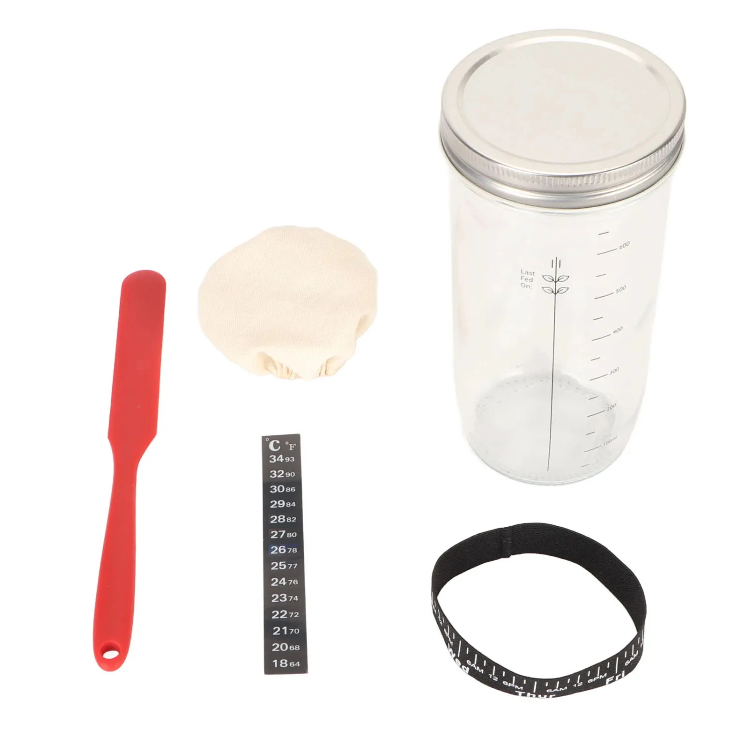 Sour, Tangy Sourdough Starter Kit 24oz Glass Jar with Spatula, Cloth Cover, Feeding Line, and Temperature Marker - Perfect for M