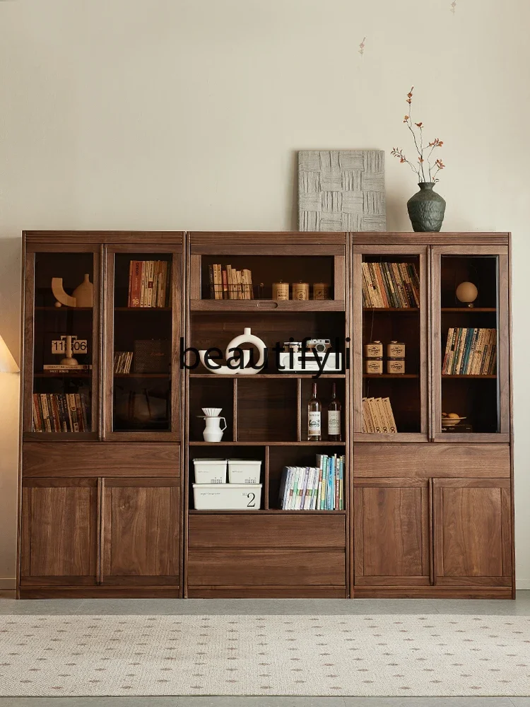 

North American black walnut bookcase Nordic simple floor display cabinet All solid wood locker0746