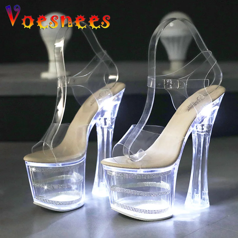 Nightclub Crystal scarpe tacco grosso illuminano incandescente LED sandali con plateau trasparenti moda donna Sexy Pole Dancing tacchi alti