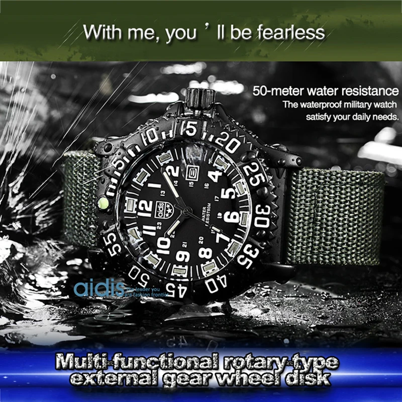 Addiesdive موضة الرياضة في الهواء الطلق ساعات تناظرية للرجال 50 متر مقاوم للماء مضيئة النايلون الرجال العسكرية ساعات المعصم ساعة كوارتز