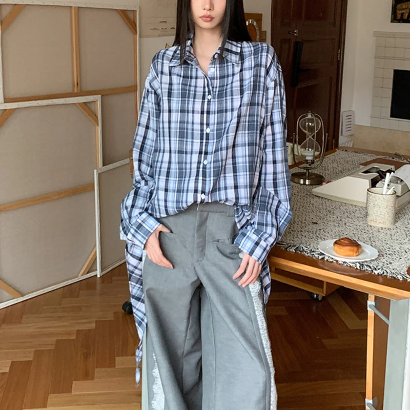 

Stylish Lace-up Shirt Women Long Sleeve Plaid Blouse Single-breasted Loose Casual Korean Fashoin Tops Y2K Harajuku Shirts
