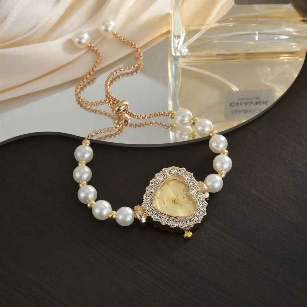 Heart-shaped Bracelet Watch Diamond-Studded Case Pearl Women Wristwatch Adjustable Chain Gift Ladies Watch Wrist Decoration