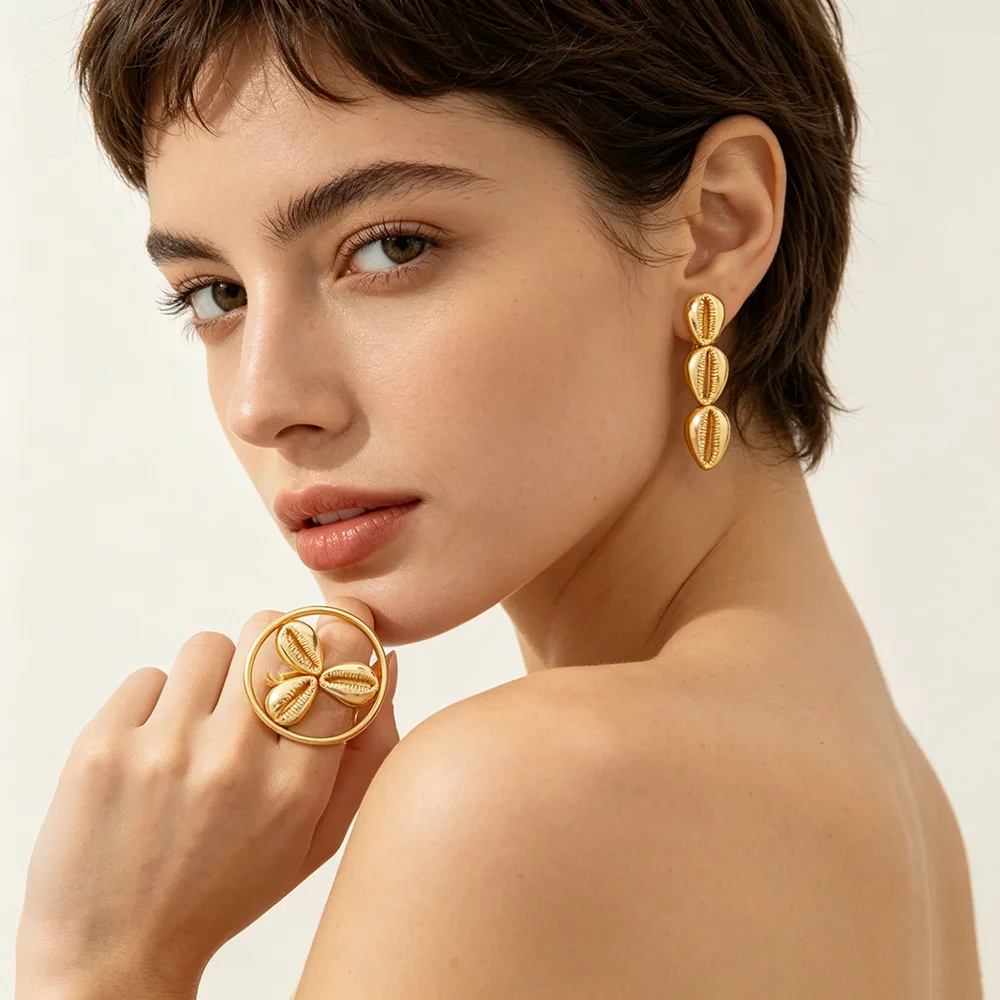 Damen 18K vergoldetes Muschel-Ohrring- und Ring-Set, afrikanisches ethnisches Statement-Schmuckset, Geschenk für Party und Hochzeit – Detail 3