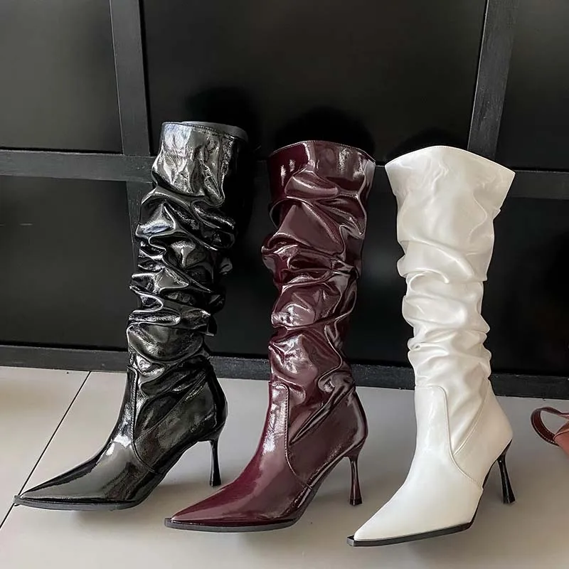 

Pleated Women Boots Western Female Shoes For Women Autumn Heels 2024 Pu Solid Knee-High Ladies Chelsea Pointed Toe Long Boots