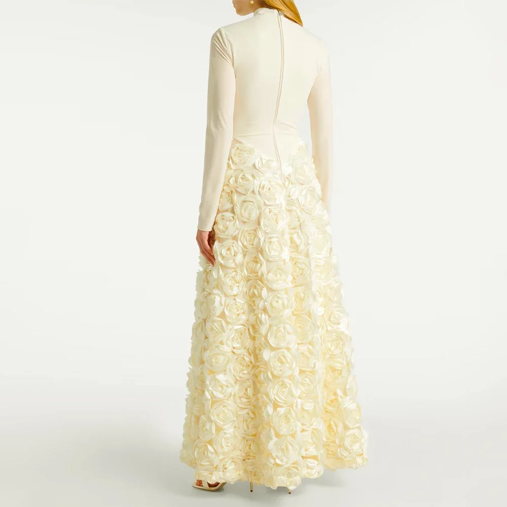 

Luxury Cream 3D Rose Floral Dress High Neck Long Sleeve Back Zipper Gowns for Women Elegant Concert Opera Art Gallery Opening
