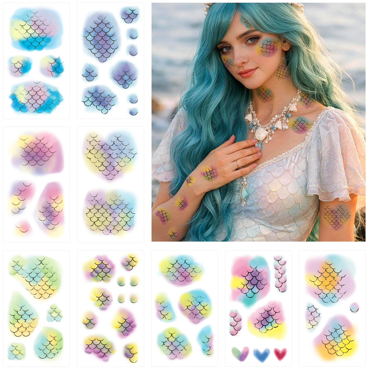 10 Blatt Fischschuppen-Temporäre Tattoos im Cartoon-Anime-Stil für Frauen, Wasserfeste Körperkunst, Perfekt für Meerjungfrauen-Party-Make-up-Set