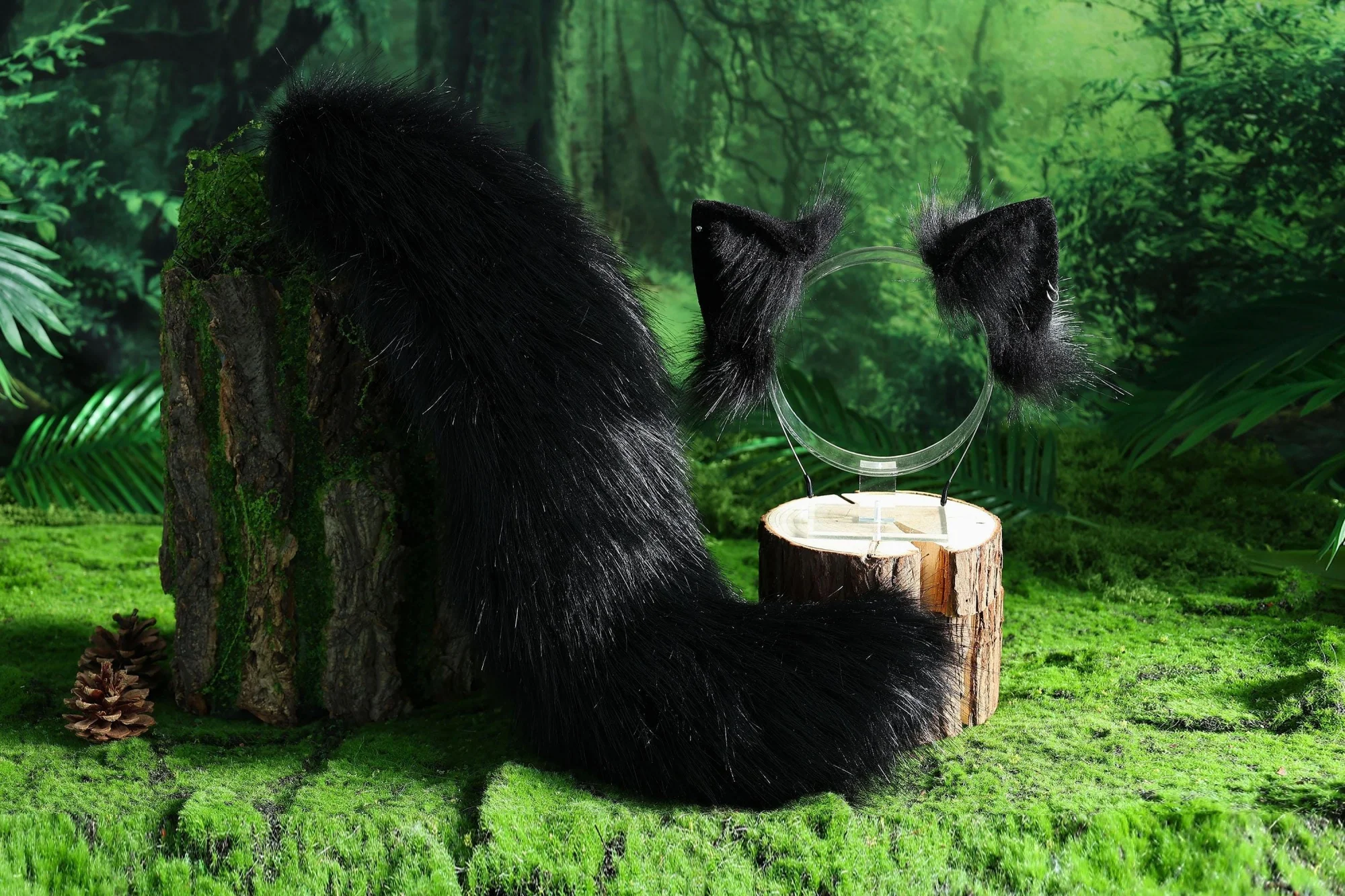 Black faux fur fox ears and tail, curved wolf tail and ears, kitten ears and tail set, anime character cosplay ears and tail.
