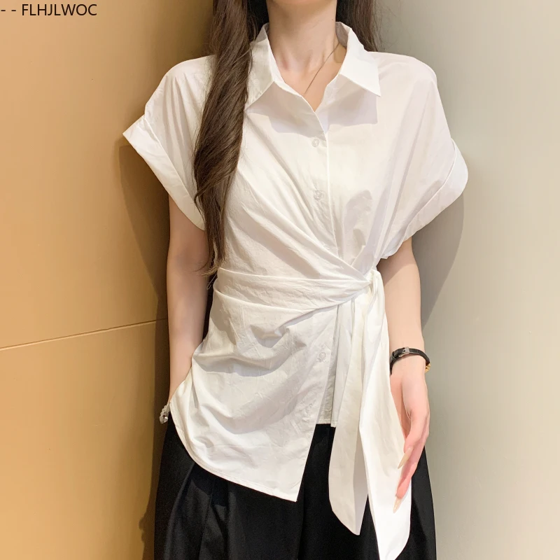 Chemises blanches en coton et lin, hauts péplum à lacets, mignons et doux pour filles du japon, rétro, solides, amples, décontractés, taille fine, chemisiers Design Chic Y2K