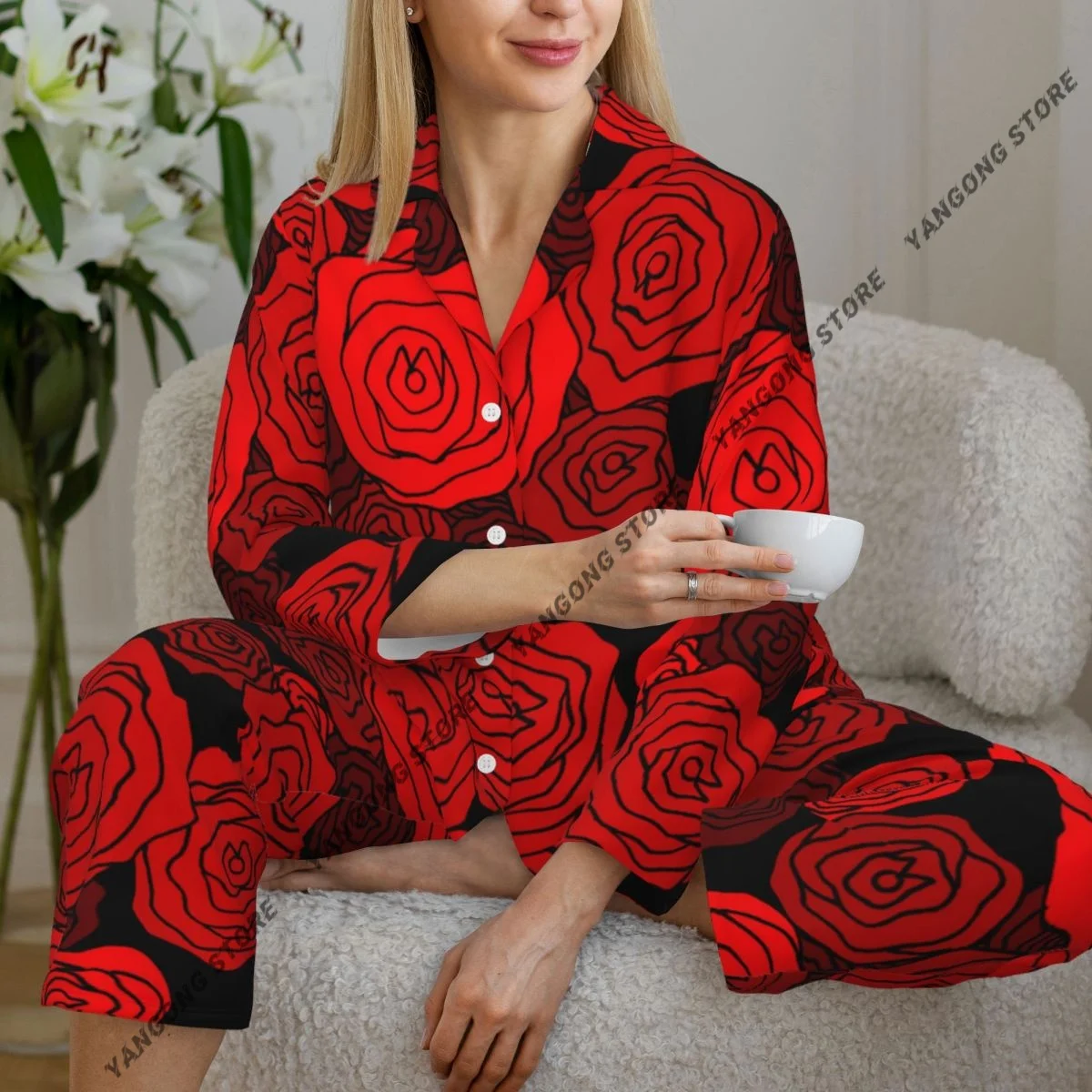 Women Sleepwear Pajamas Red Rose Long Sleeve Pijama Female Set Negligee Cardigan Suit