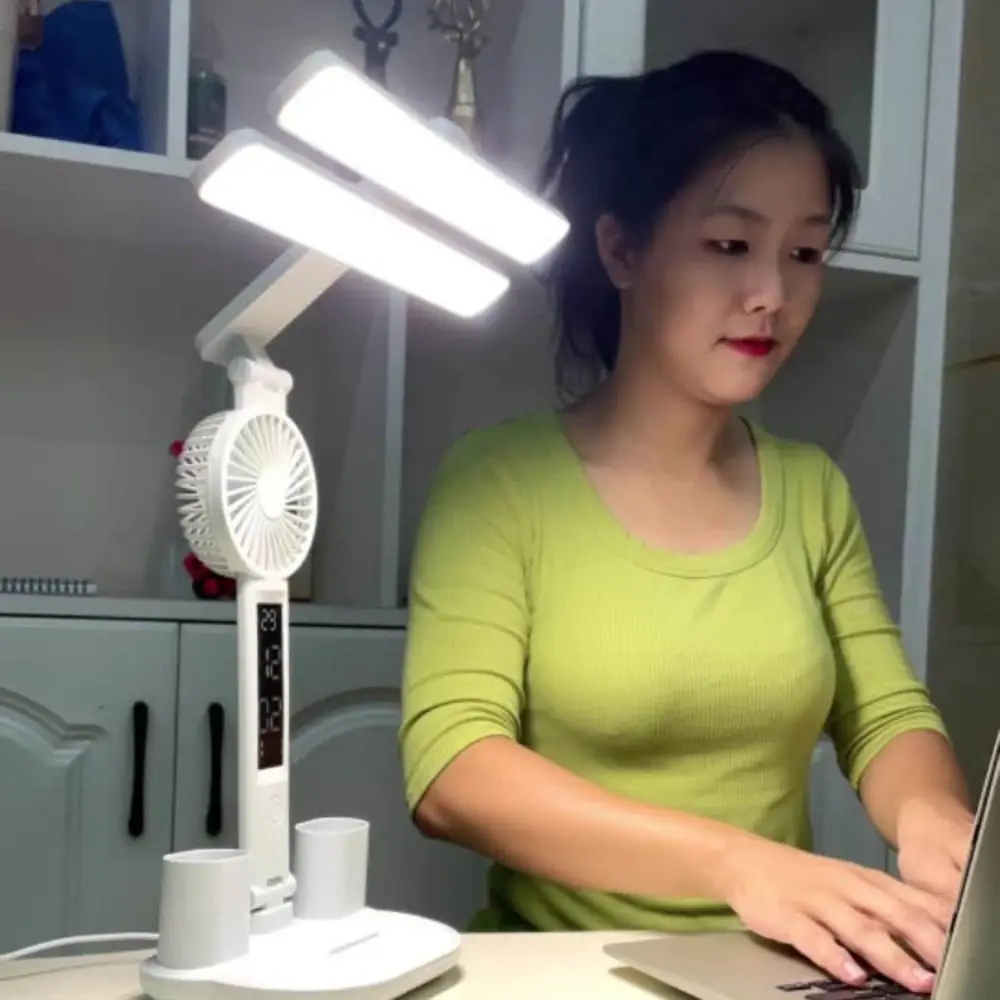 

Multifunctional Double Head LED Fan Table Light USB Charging Folding Reading Light Eye Protection with Pen Holder Desk Lamp Home