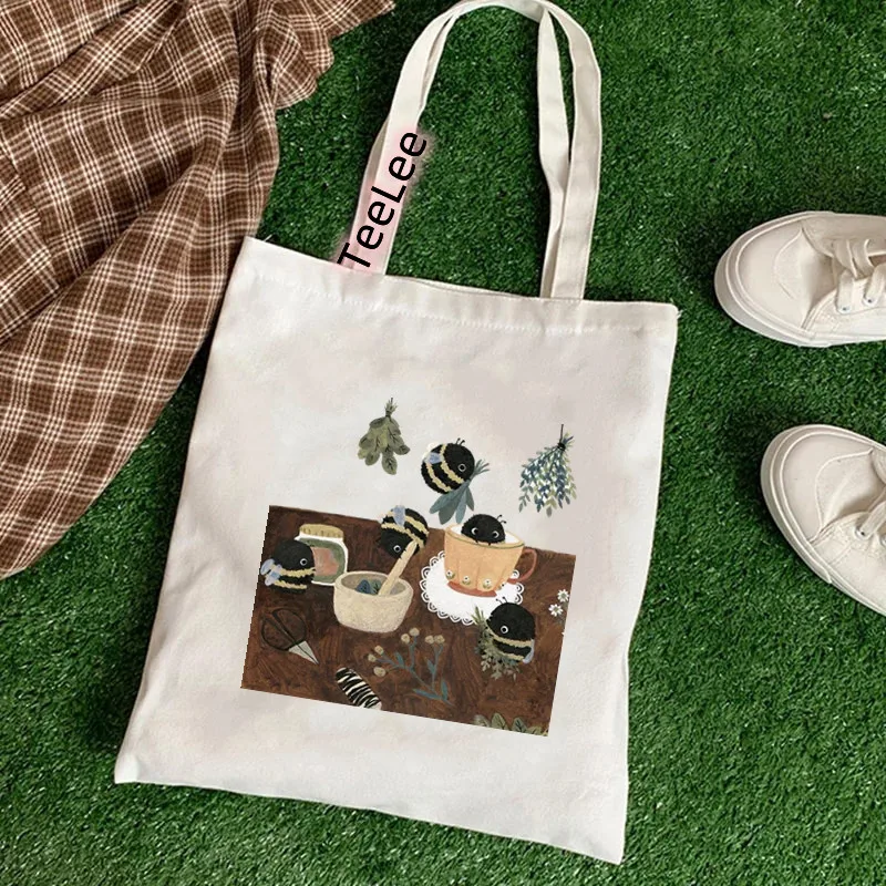 Cats Canvas Tote Bag Shopper Bag Animal Bee Handbag Fashion Casual Large Capacity Cute Cartoon Letters Printing Shoulder Bag