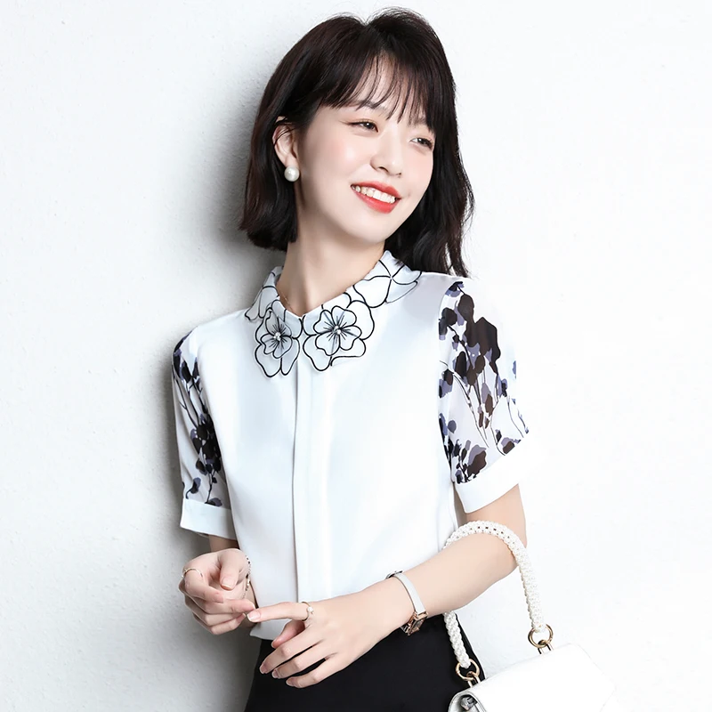 2023 Spring Summer New Petal collar Women Chiffon shirt Long sleeve Floral printed top Fashion Office lady blouse