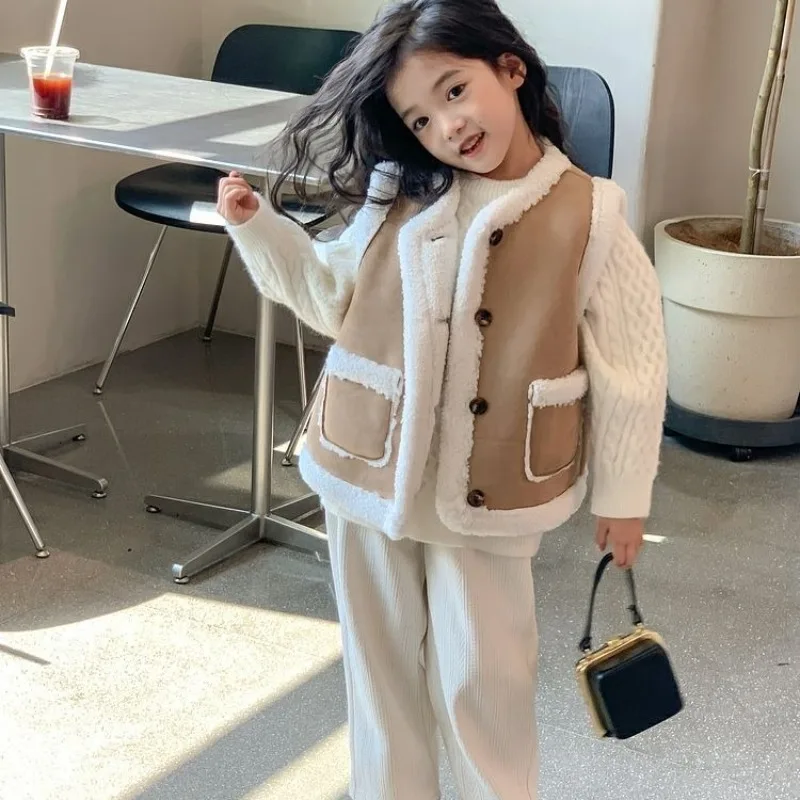 

Girl's Vintage Fur Lined Hooded Vest Jacket Autumn Winter New Stylish Fleece Lined Thickened Warm Kids' Outerwear