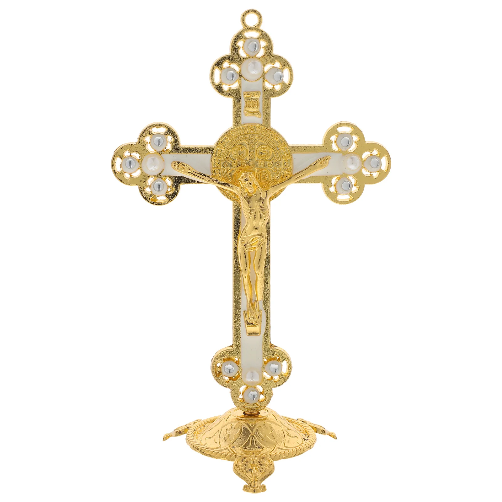 

Golden Cross Religious Statue Jesus Carrying Cross Sculpture for Living Room Bedroom Decor Desk Shelf Display Western Home