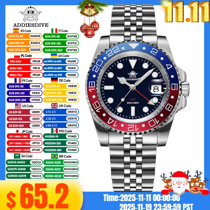 

ADDIESDIVE New Men Watch 20Bar Waterproof BGW9 Super Luminous Ceramic Bezel 316L Stainless Steel GMT Quartz Watch reloj hombre