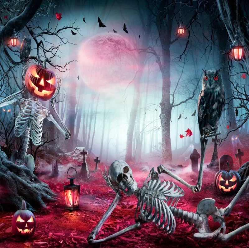 โคมไฟฟักทองฉากหลังคืนวันฮาโลวีนคืนพระจันทร์เต็มดวงพื้นหลังรูปสุสานน่ากลัวน่ากลัวโคมไฟสำหรับงานปาร์ตี้ที่น่ากลัว