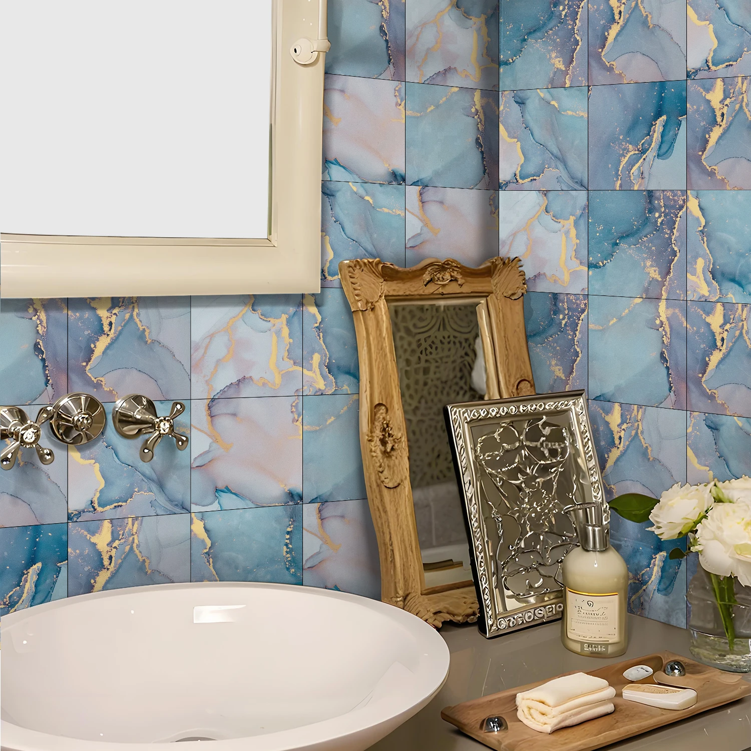 8-teiliges Set bunte Marmor-Wandaufkleber für die Heimdekoration, selbstklebende wasserdichte PVC-Fliesensticker für Küche und Wohnzimmer – Detail 13