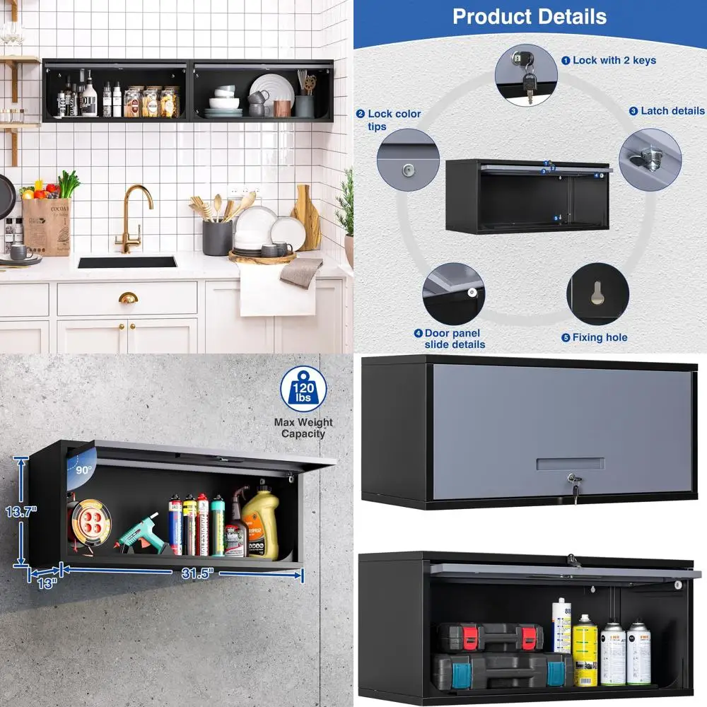 

Secure Wall-Mounted Storage Cabinet with Flip-Up Door for Garage, Workshop, and Home, 1 Shelf, Black Gray, 13.7 Height