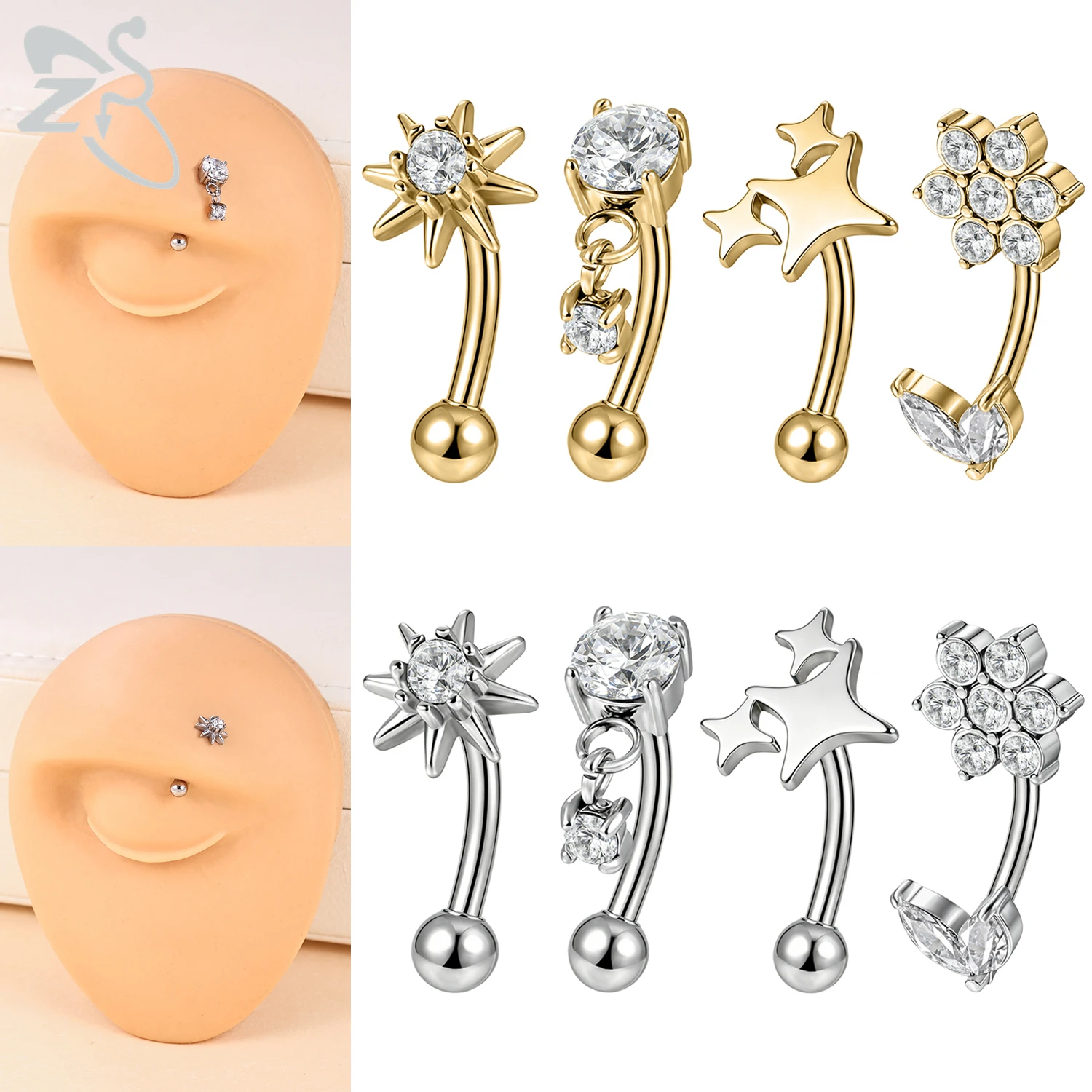 ZS 1 PC 16G Stainelss Steel Eyebrow Piercing With CZ Crystal Curved Eyebrows Ring For Women Men Lip Belly Piercings Jewelry 8MM