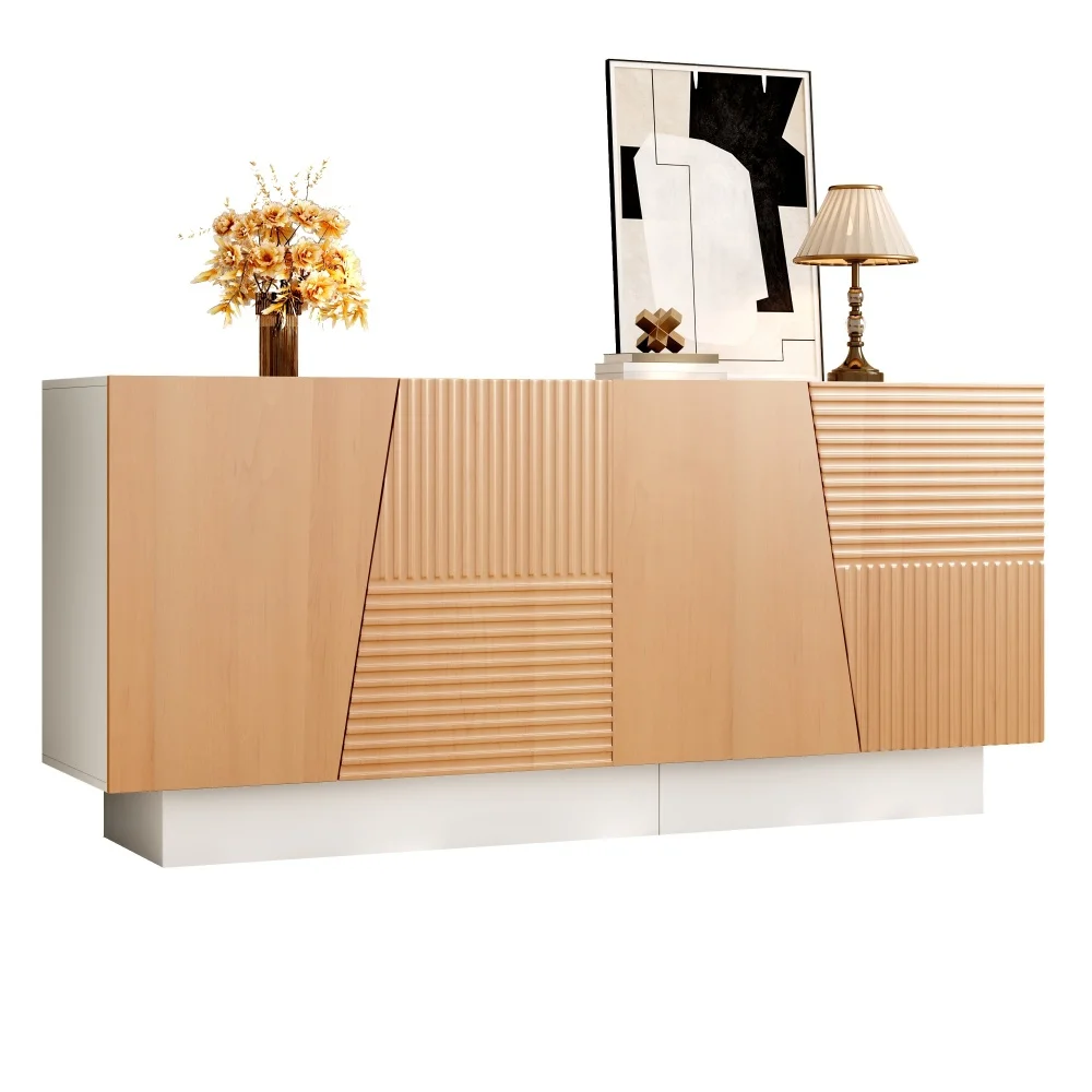 Buffet de rangement moderne pour salon avec texture géométrique unique, 4 portes fermées, 2 compartiments de rangement indépendants, étagères intérieures amovibles réglables en hauteur, organisateur multifonctionnel