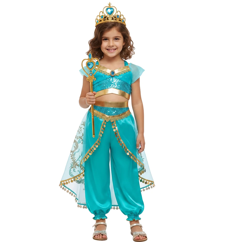 Mädchen Aladdin Wunderlampe Jasmin Prinzessin Kleid 2-teilig Kinder Cosplay Kostüm Halloween Kinder Geburtstag Karneval Vestidos Outfit – Detail 4