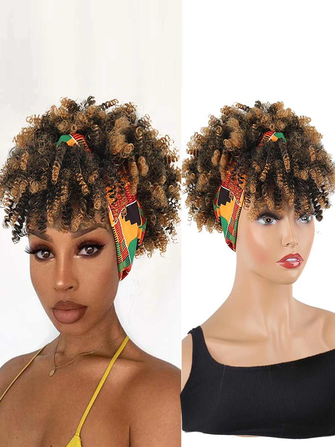 Kręcone peruki dla czarnych kobiet Krótkie afro Kinky Curly Opaski na peruki, kręcone syntetyczne czarne peruki z grzywką Peruka z opaską na głowę