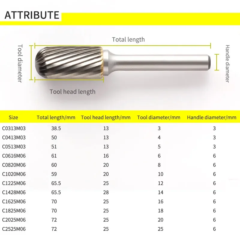 Carbide Tungsten Steel Grinding Head 1pcs C-type Single Slot Cylindrical Ball Head Milling Cutter Woodworking Rotary File