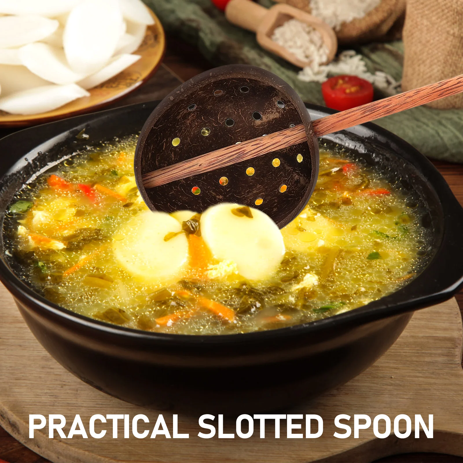 

Coconut Shell Slotted Heat Resistant Soup Ladle Thickened Deepened Spoon Wall Mounted Kitchen Gadget Household Restaurant Use