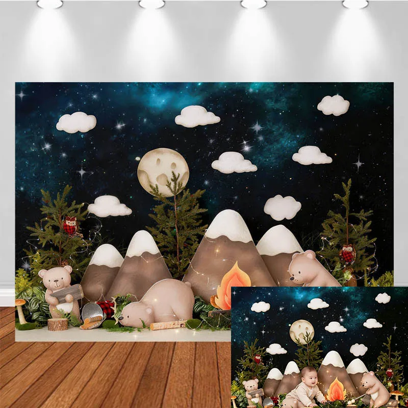 

LS Photography Backdrop Night Sky Little Bear Mountain Tree Decor Birthday Cake Smash Baby Shower Kids Portrait Photo Background
