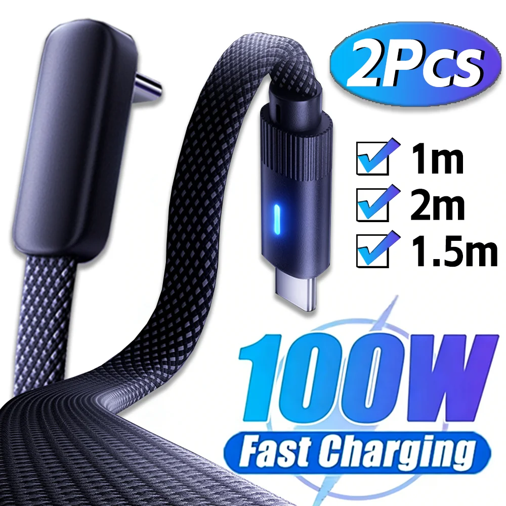 100W Type C To Type C 90°Elbow Light Line Flat Braided Data Cable Fast Charging Cord for IPhone 17 16 15 Samsung Xiaomi Huawei