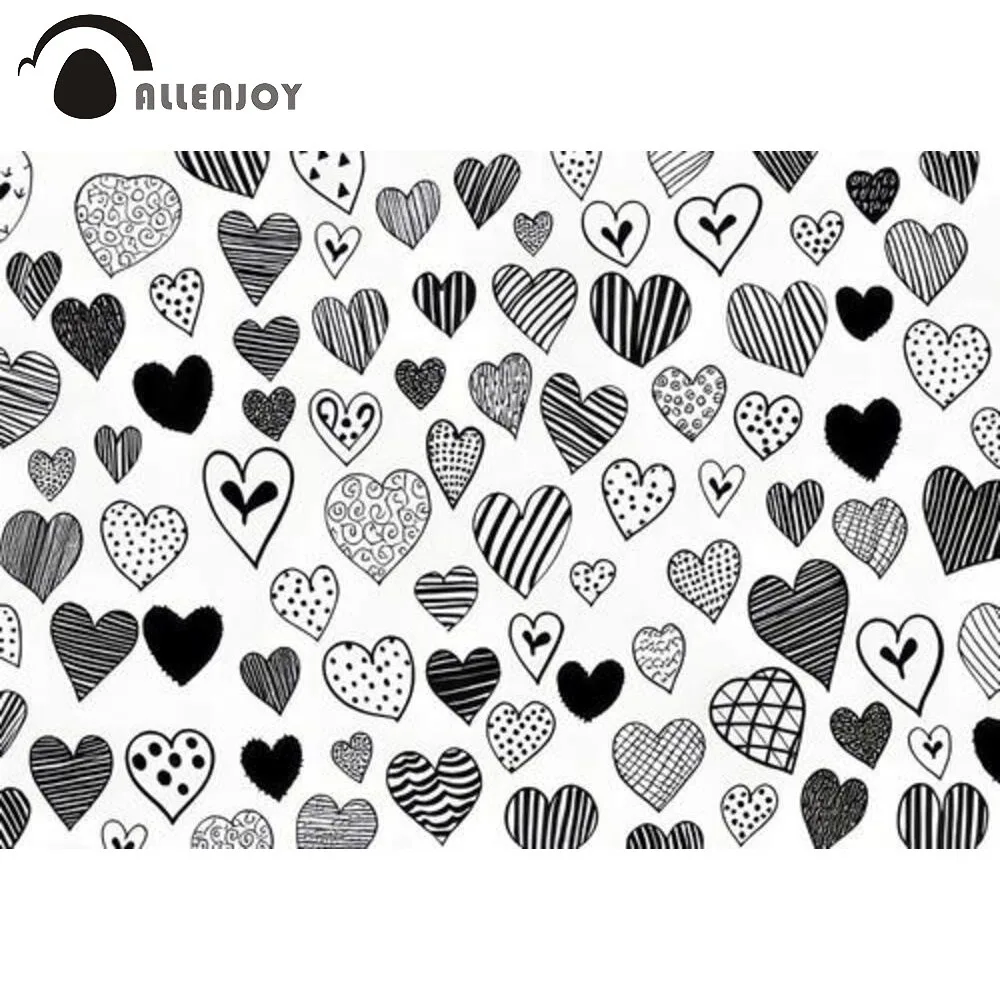 Allenjoy Heart Seamless Pattern Photography Backdrop Valentine's Day Love Black and white Drawing Photo Booth Background