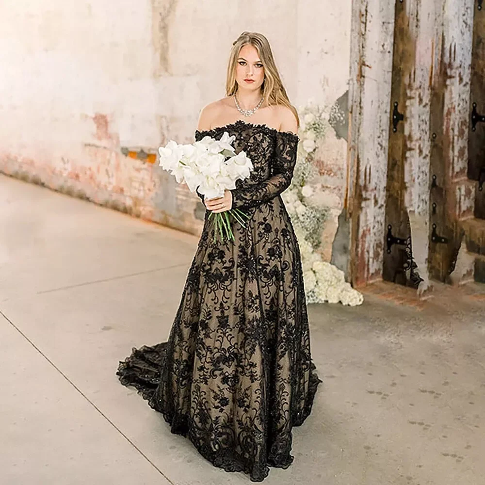 고딕 블랙 레이스 웨딩 드레스 오프 어깨 긴 소매 빈티지 신부 가운 백리스 코르셋 a 라인 맞춤형 Boho Vestido