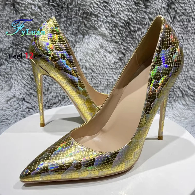 

Luxury Brand Party Single Shoes Women Snake Print High Heels 8CM 10CM 12CM Stiletto Plus Size 45 Woman Pointed Basic Gold Pumps