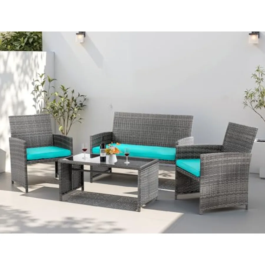 4 Piece Patio Ratten Set for Outdoor Use, Wicker Conversation Set with Blue Cushions and Tempered Glass Tabletop