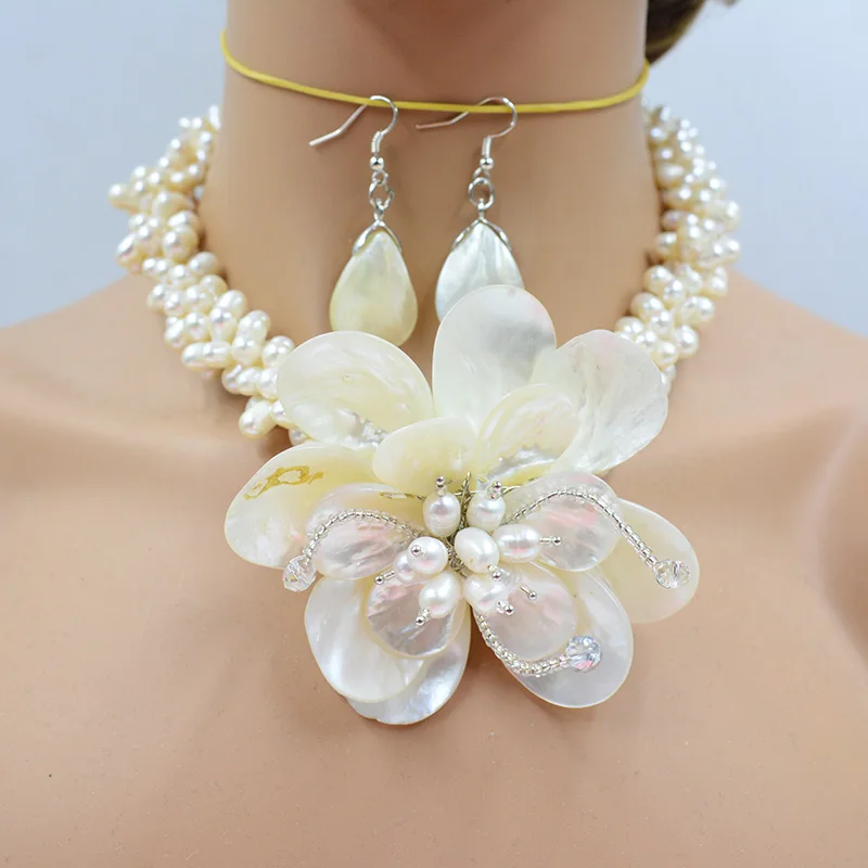 Brand new 4 strand 6MM 100% natural freshwater pearls/ocean shells. Handwoven Flower Necklace/Earring Set 20 \