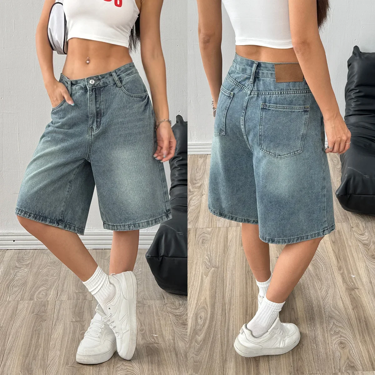 กางเกงยีนส์ขาสั้นสไตล์อเมริกันย้อนยุคสำหรับผู้หญิง ทรงหลวมสบาย ขากว้าง ความยาวห้าส่วน แฟชั่นทันสมัย ผ้าฝ้าย เอวกลาง