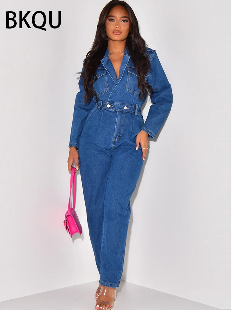 

BKQU Straight Denim Jumpsuits for Women 2024 Fashion Blue Long Sleeve Lapel Pocket One-Piece Rompers Casual Oversized Jumpsuits