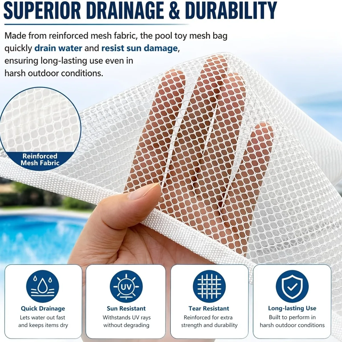 4pcs organizing pool toys, noodles, floats, and equipment, storage of pool side floats, mesh storage bags
