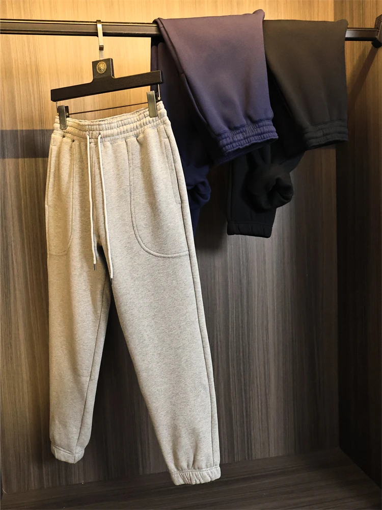 

Faionable Men's Pure Color Fce Lined Trousers Loose Fit mid Waist Long Pants Thiened Cotton Blend Inner Autumn Winter