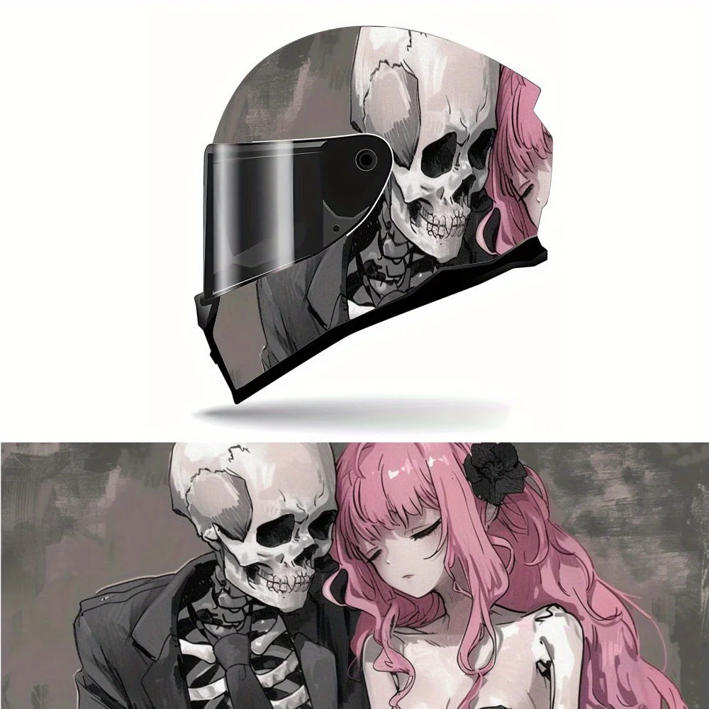 

Cyberpunk Skeleton and Pink Haired Girl Horror Movie Theme Print Full Helmet Wrap Sticker Motorcycle Helmet Racing Graphic Decal