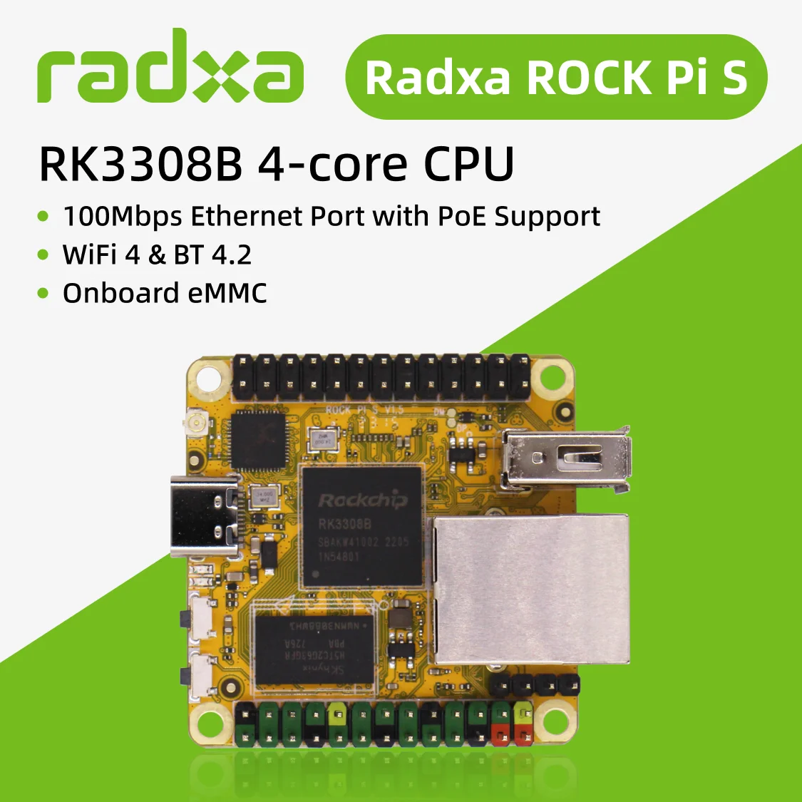 Radxa ROCK Pi S RK3308B 4-core CPU, 100Mbps Ethernet with PoE Support, WiFi 4 & BT 4.2 and eMMC, Single Board Computer