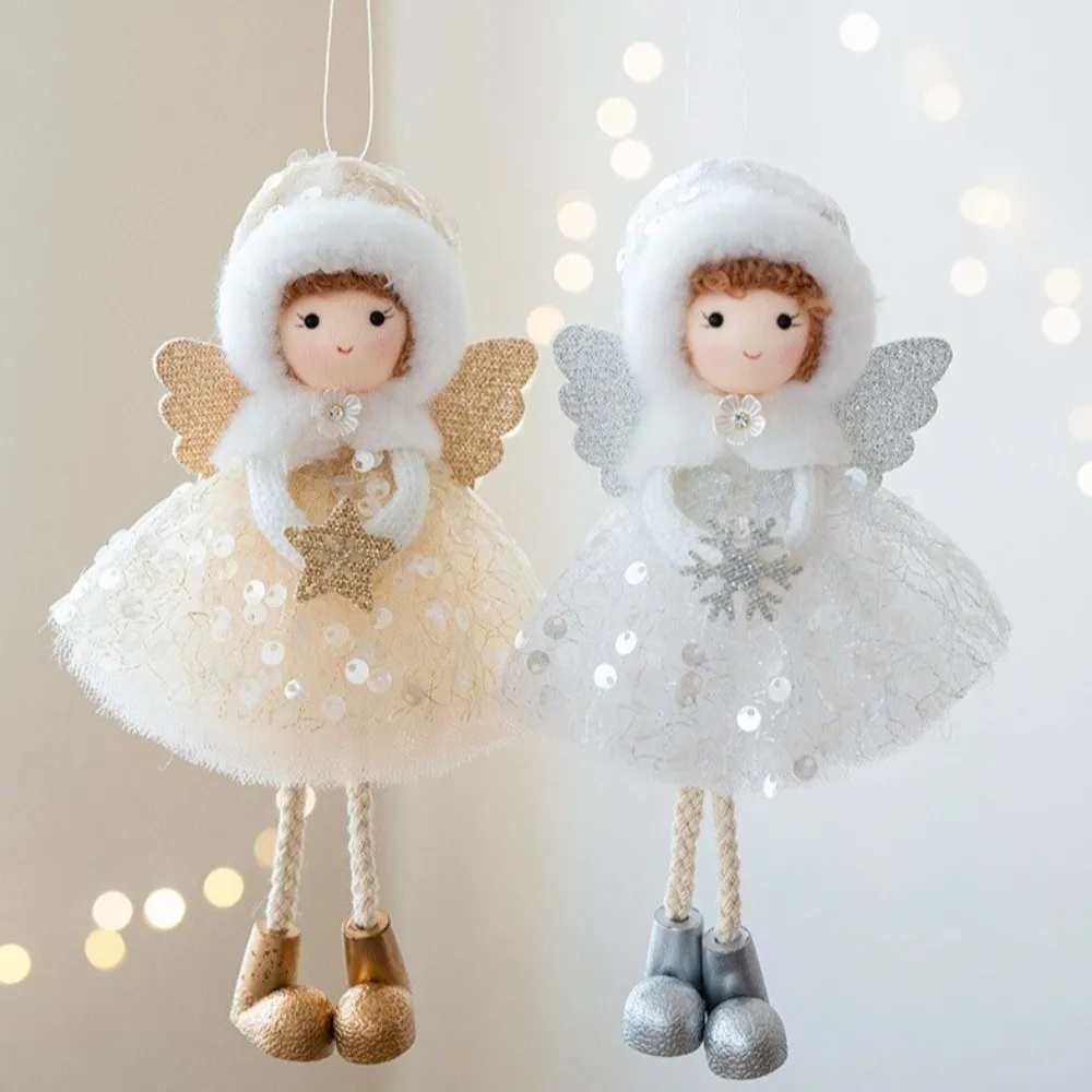

Cute Christmas Girl Pendant White Mesh Girl Hanging Ornament Tulle Dress Shiny Golden Wings Christmas Tree Decorations