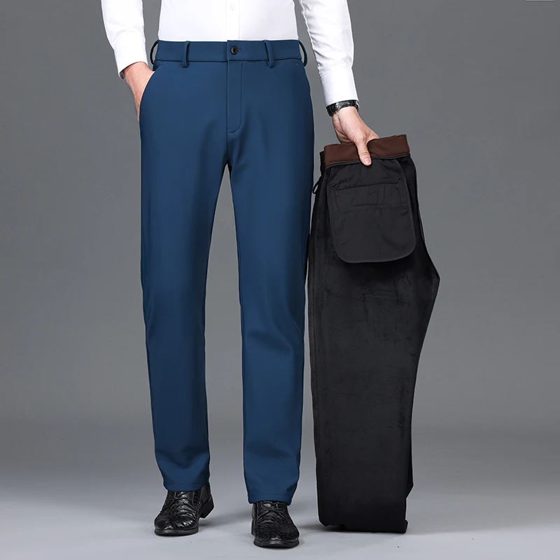 2024 fall and winter new padded and thickened men's casual pants fashion elastic suit pants in high-waisted straight pants