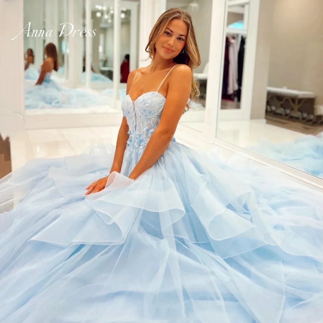 

Anna Evening Dresses Woman Elegant Long Party Dresses Luxury Organza Line A Sky Blue Prom Dress Spaghetti Straps Layered Wedding